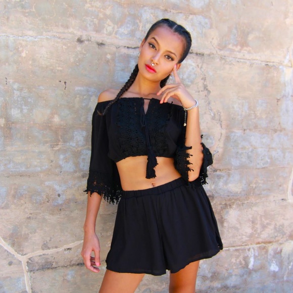 Reverse Boho 2-Piece Shorts Set in Black - Picture 1 of 4